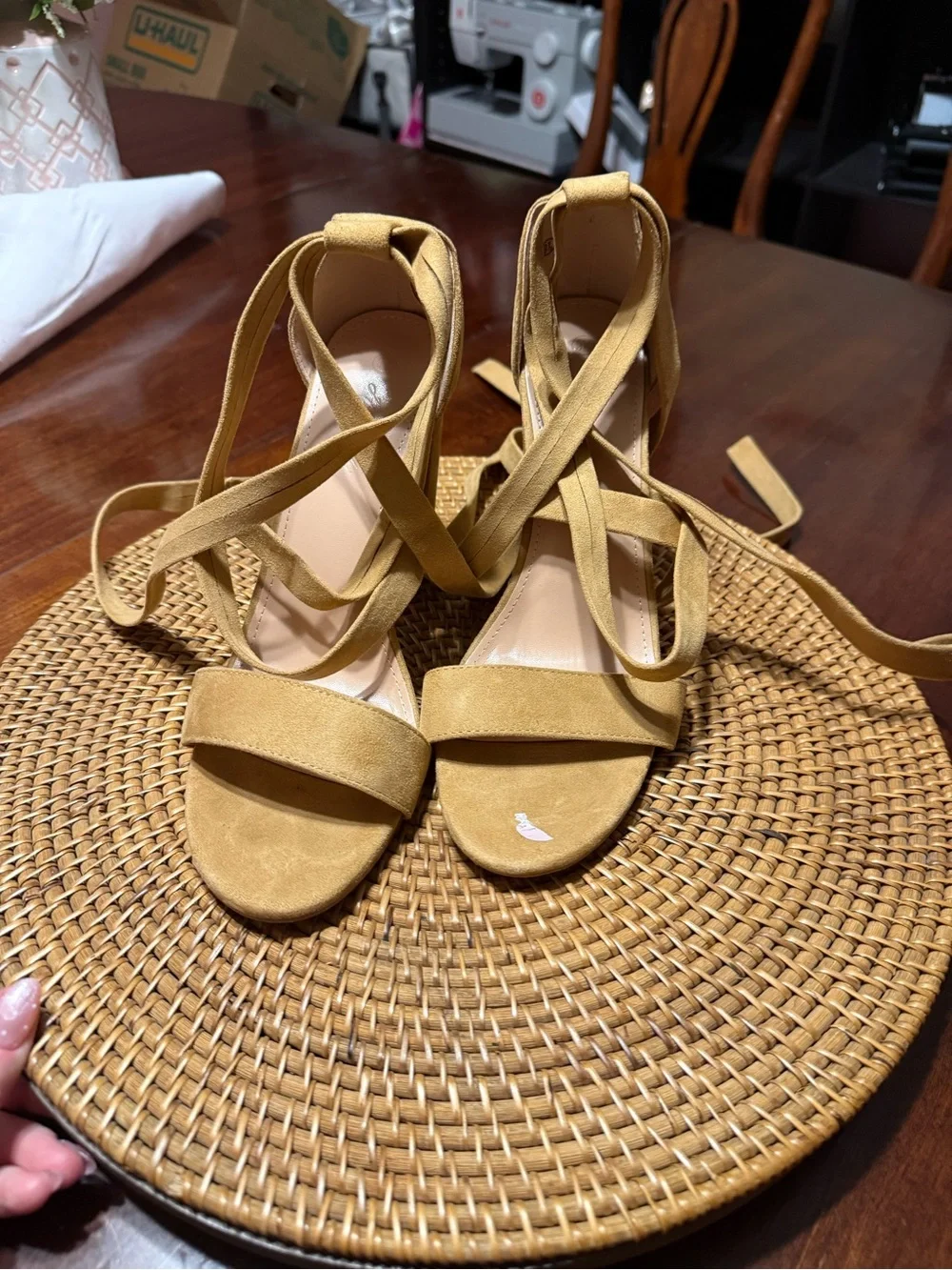 Suede Strappy Lace-Up‎ Sandals in Camel